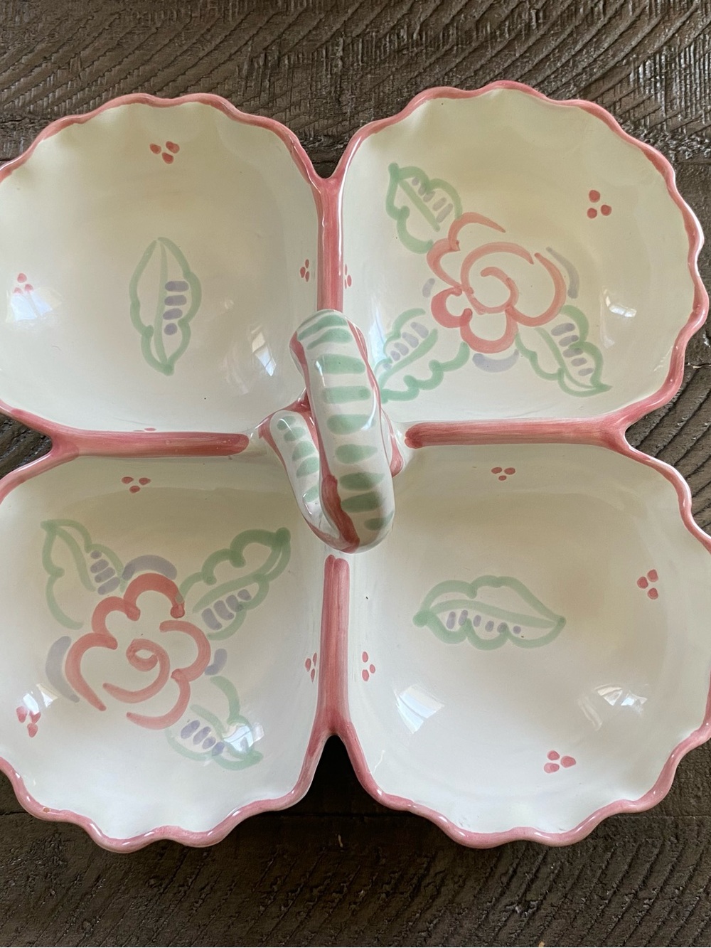 Vintage 80s Floral Hand Painted Divided Serving Dish Platter Cottagecore Decor